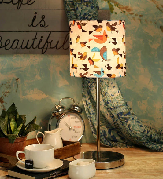 Metal Chrome Finish Lamp with Multicolor Flying Birds Lamp Shade