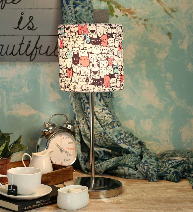 Metal Chrome Finish Lamp with Multicolor Cat Face Lamp Shade