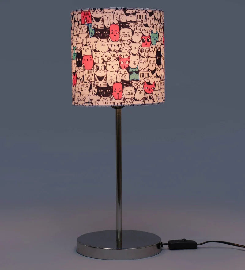 Metal Chrome Finish Lamp with Multicolor Cat Face Lamp Shade