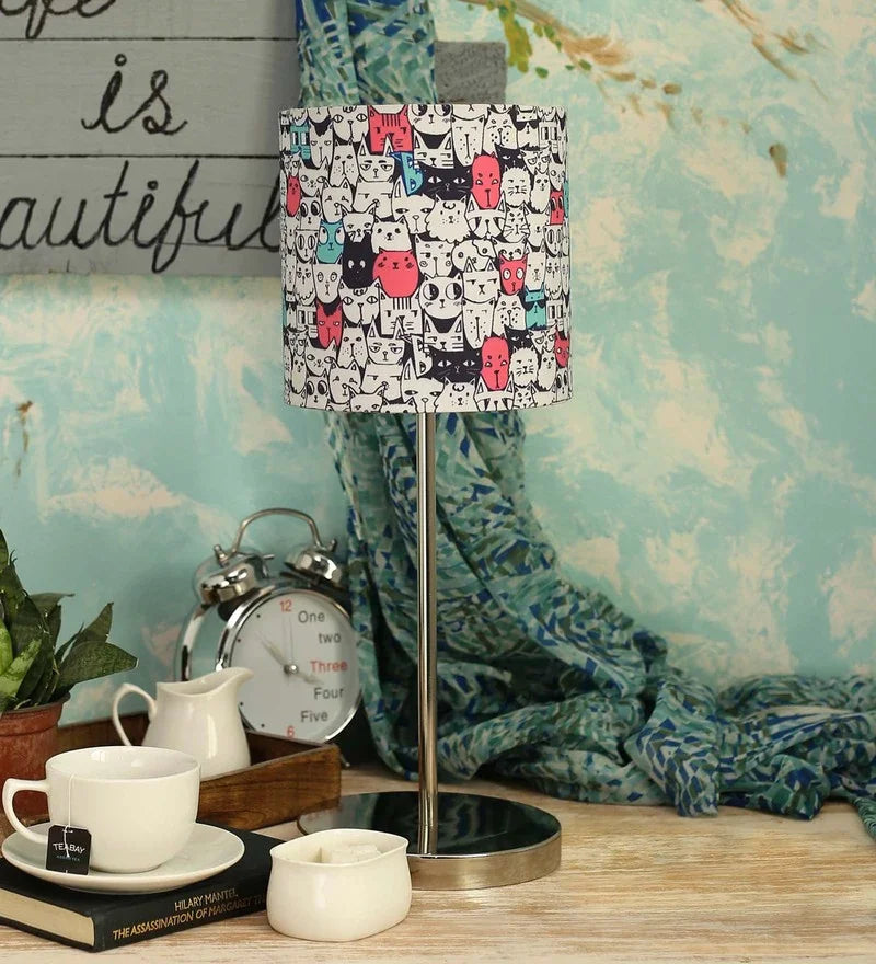 Metal Chrome Finish Lamp with Multicolor Cat Face Lamp Shade