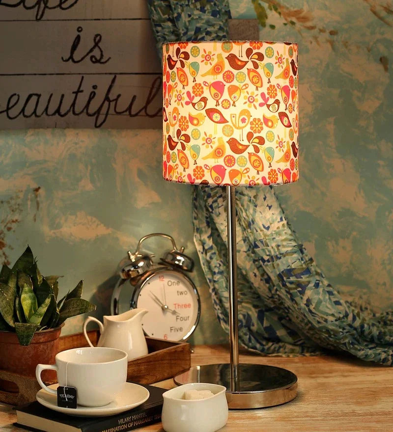Metal Chrome Finish Lamp with Colorful Bird Lamp Shade