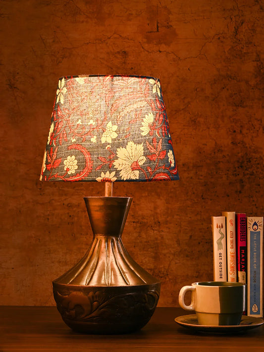Copper Floral Etched Pot Lamp with Multicolor Taper Blue Shade