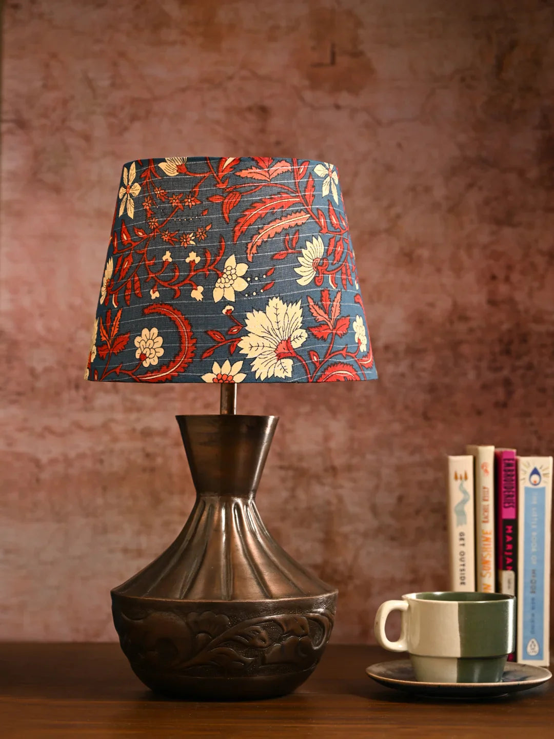 Copper Floral Etched Pot Lamp with Multicolor Taper Blue Shade