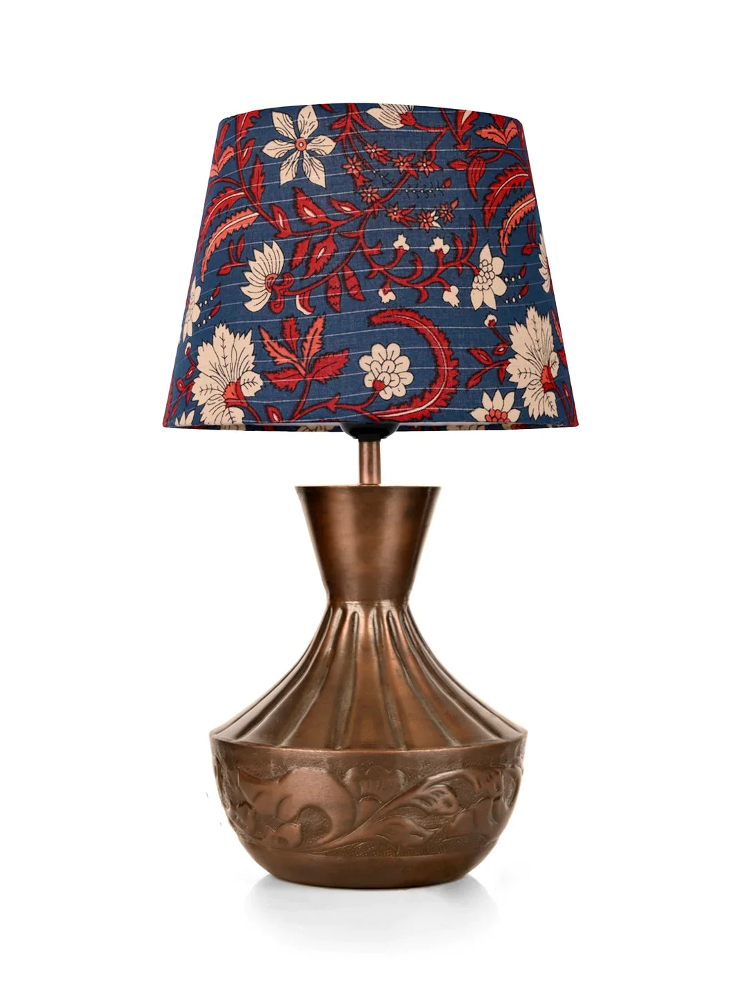 Copper Floral Etched Pot Lamp with Multicolor Taper Blue Shade