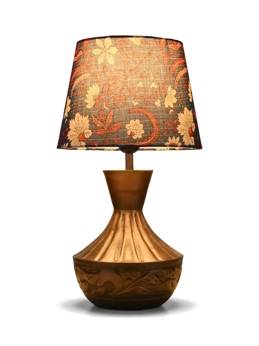 Copper Floral Etched Pot Lamp with Multicolor Taper Blue Shade