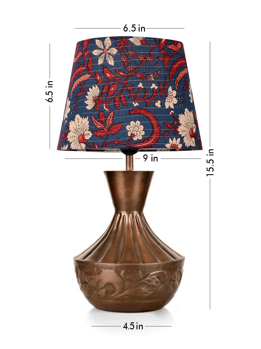 Copper Floral Etched Pot Lamp with Multicolor Taper Blue Shade