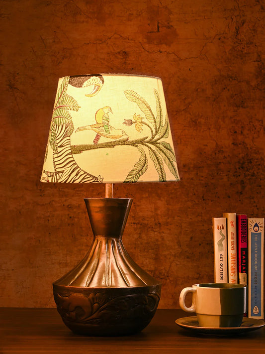 Copper Floral Etched Pot Lamp with Multicolor Taper Green Shade