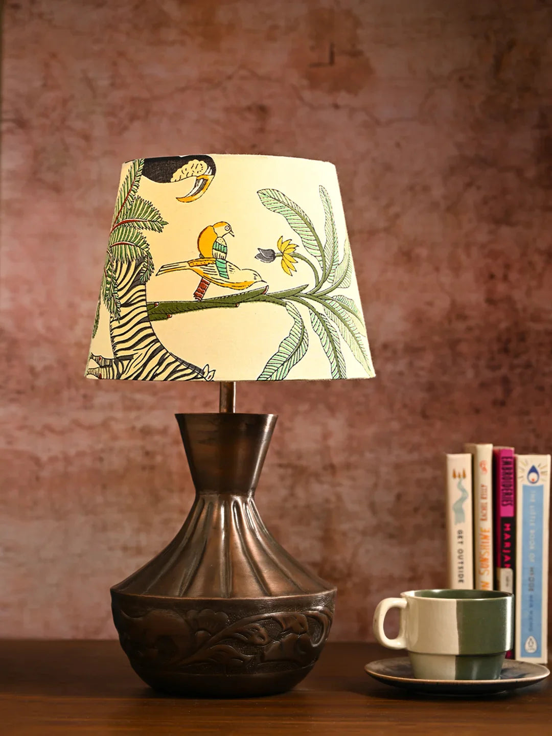 Copper Floral Etched Pot Lamp with Multicolor Taper Green Shade