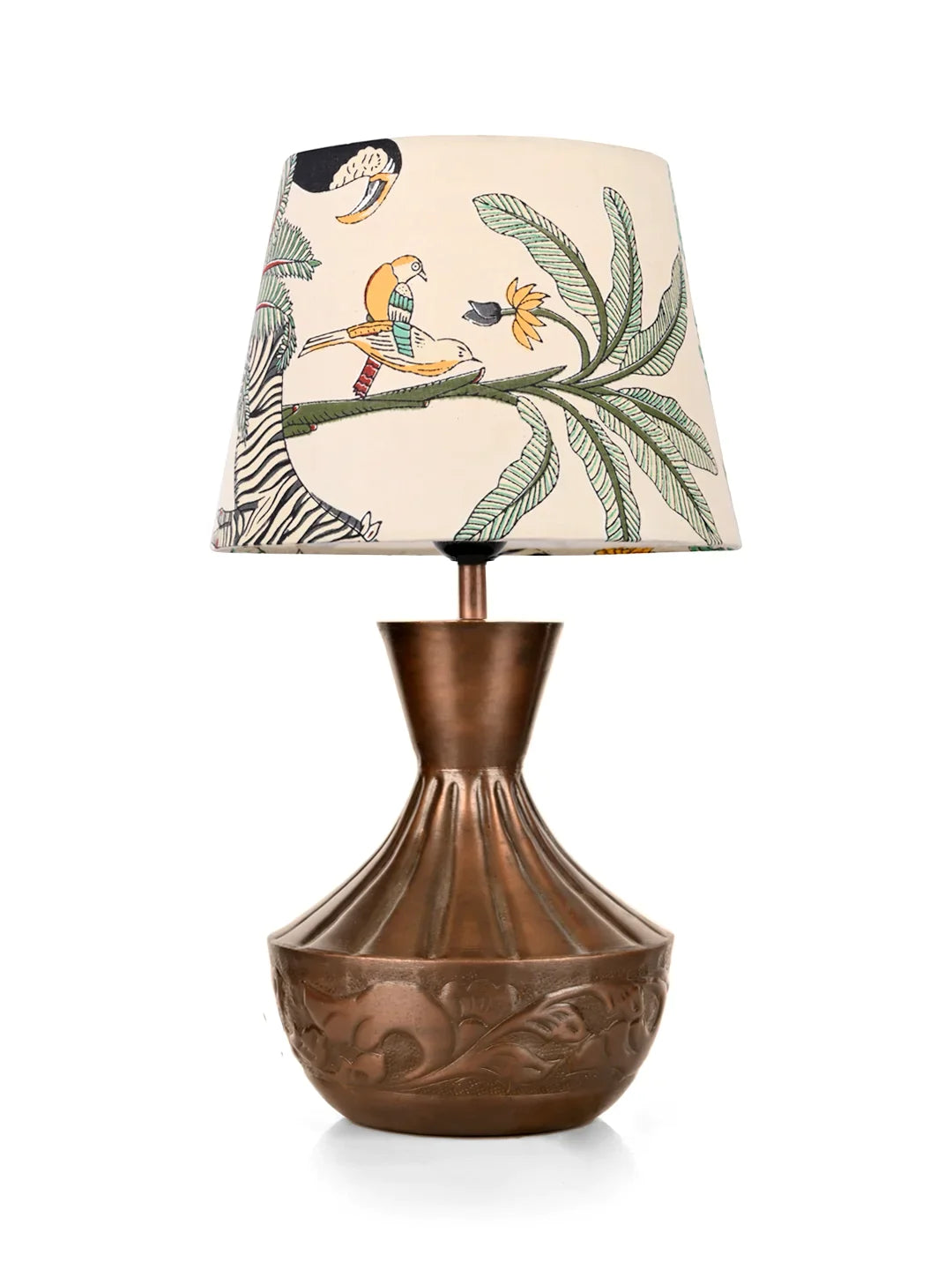 Copper Floral Etched Pot Lamp with Multicolor Taper Green Shade