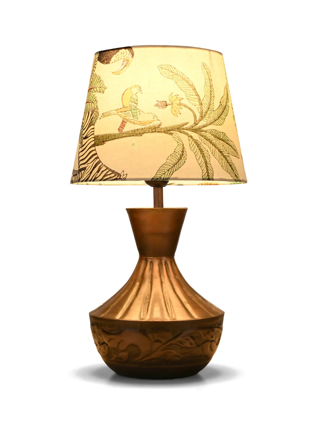 Copper Floral Etched Pot Lamp with Multicolor Taper Green Shade