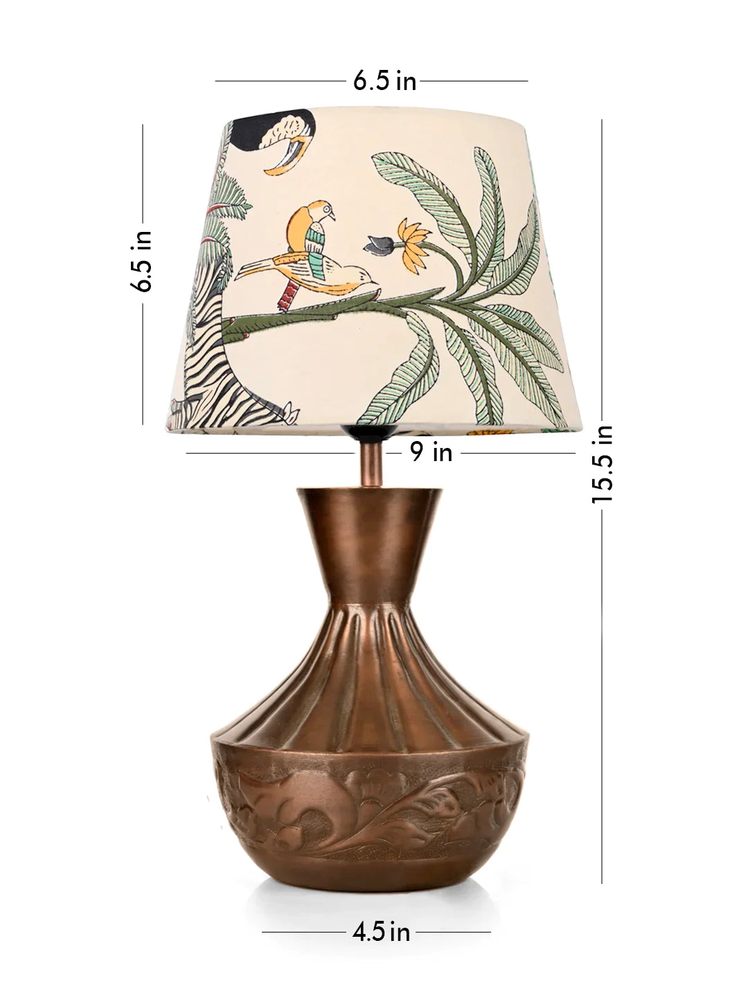 Copper Floral Etched Pot Lamp with Multicolor Taper Green Shade