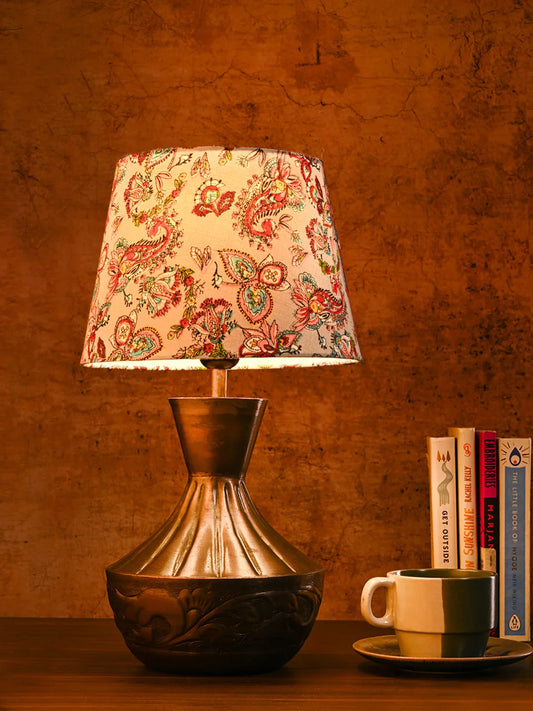 Copper Floral Etched Pot Lamp with Multicolor Taper Red Shade