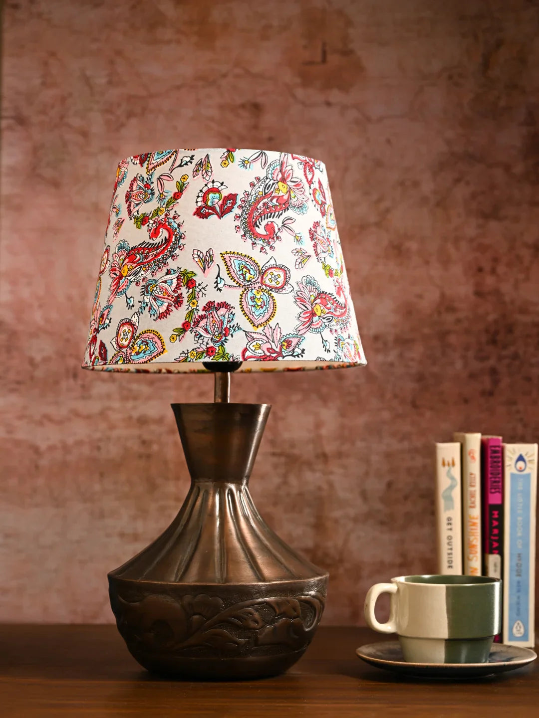 Copper Floral Etched Pot Lamp with Multicolor Taper Red Shade