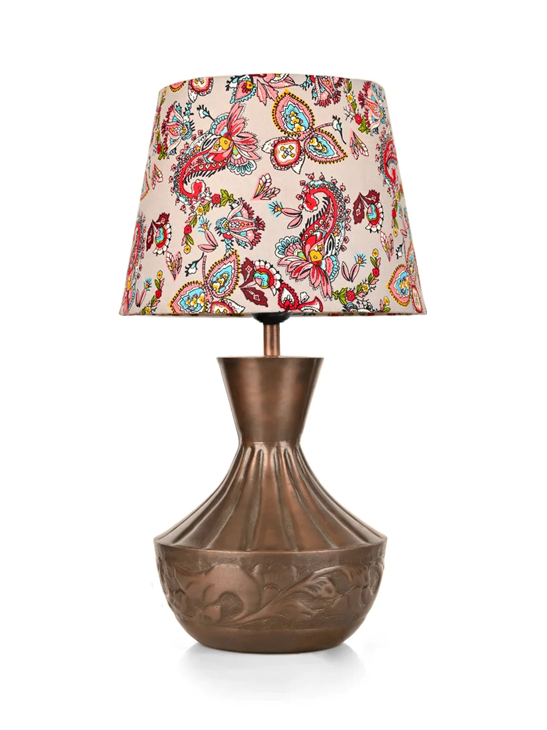 Copper Floral Etched Pot Lamp with Multicolor Taper Red Shade
