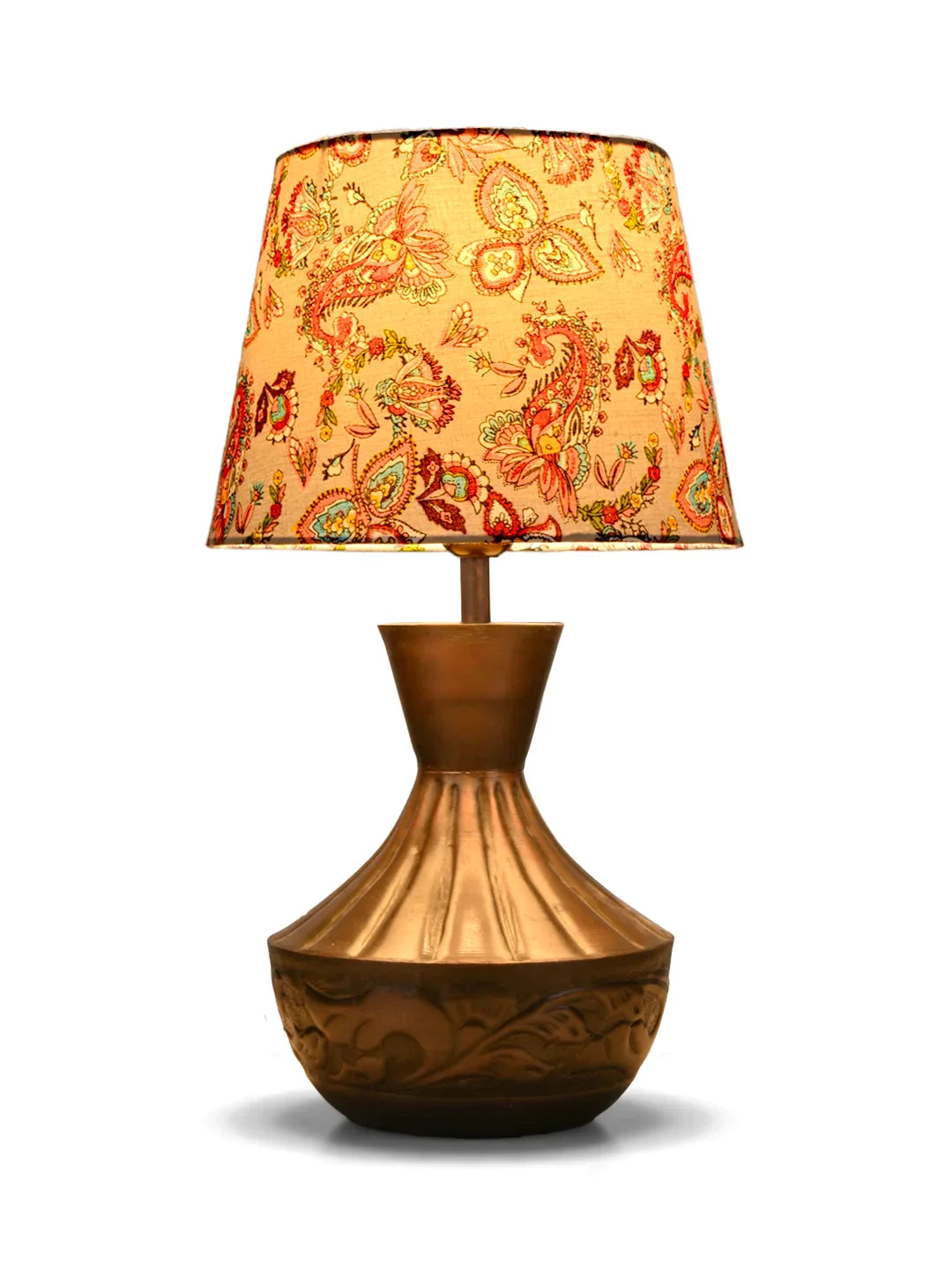 Copper Floral Etched Pot Lamp with Multicolor Taper Red Shade