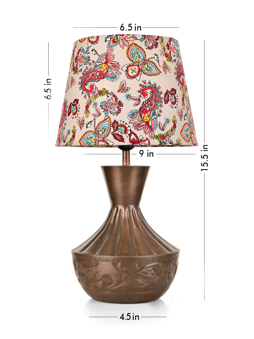 Copper Floral Etched Pot Lamp with Multicolor Taper Red Shade