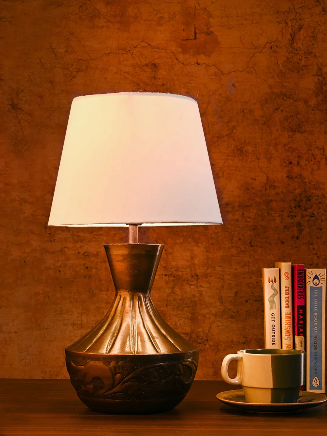 Copper Floral Etched Pot Lamp with Solid Taper White Shade