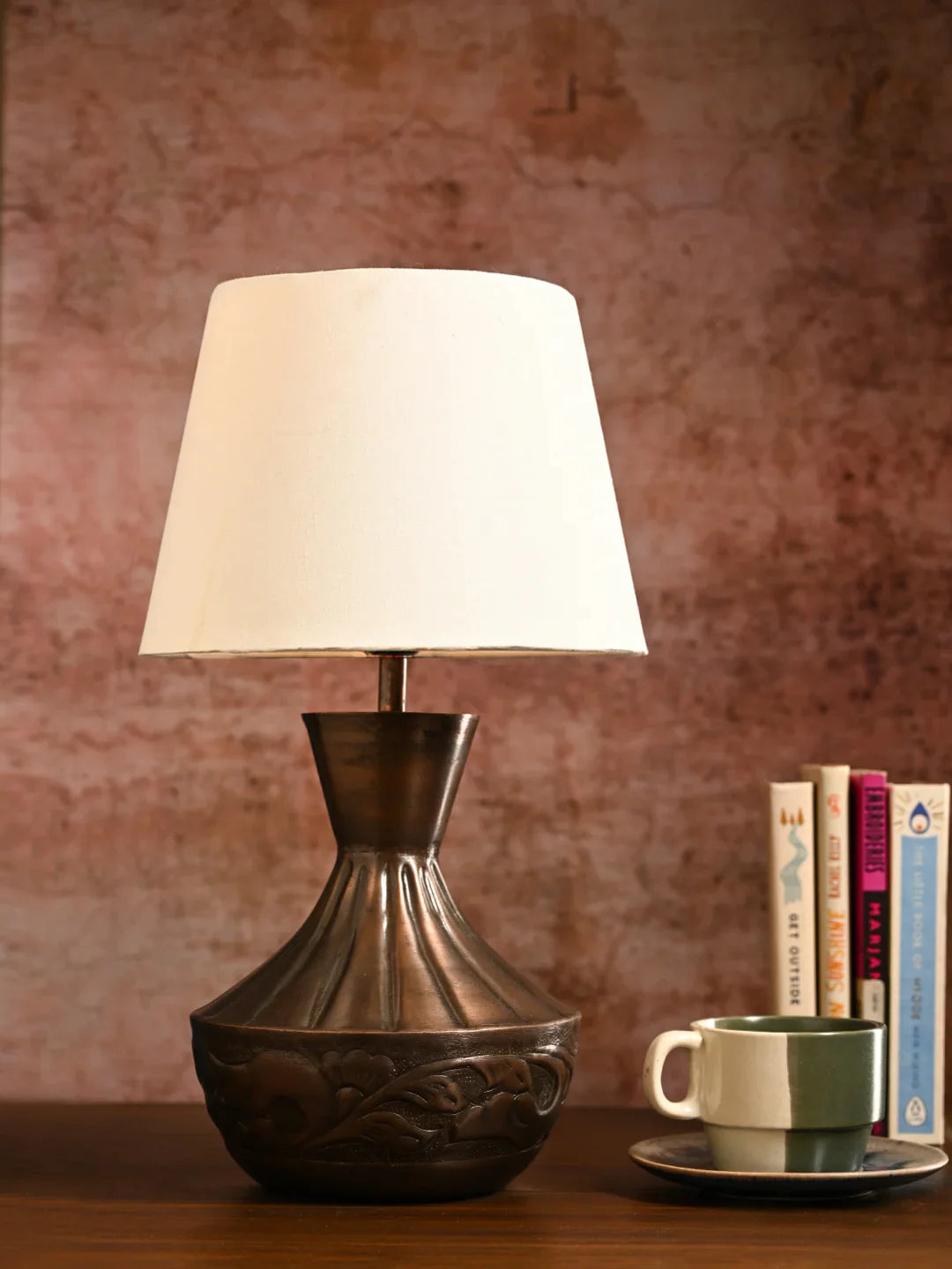 Copper Floral Etched Pot Lamp with Solid Taper White Shade