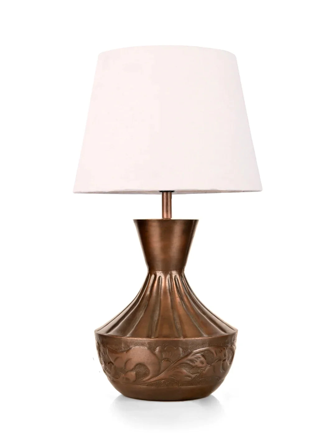 Copper Floral Etched Pot Lamp with Solid Taper White Shade