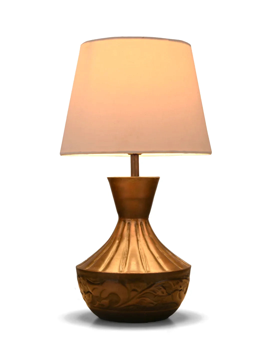Copper Floral Etched Pot Lamp with Solid Taper White Shade