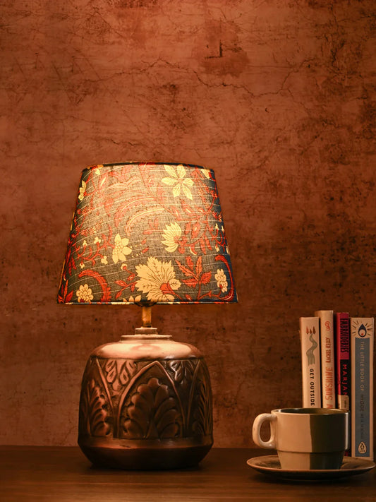 Copper Leaf Etched Pot Lamp with Multicolor Taper Blue Shade
