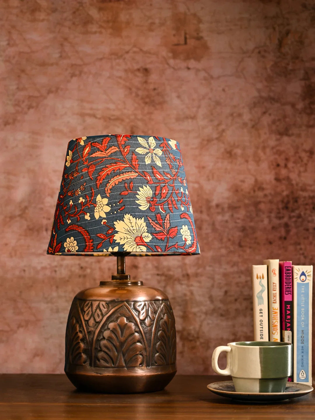 Copper Leaf Etched Pot Lamp with Multicolor Taper Blue Shade