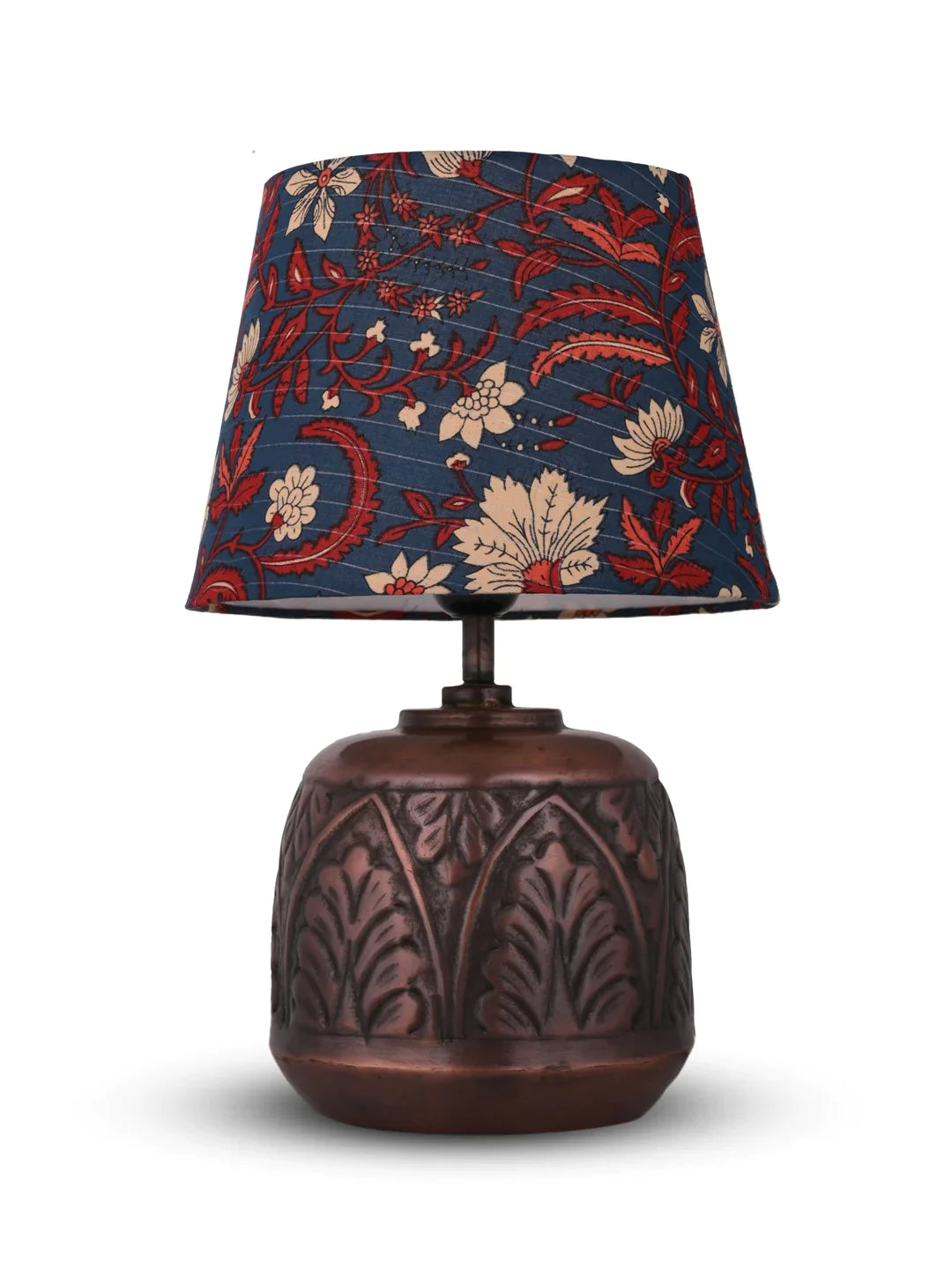 Copper Leaf Etched Pot Lamp with Multicolor Taper Blue Shade