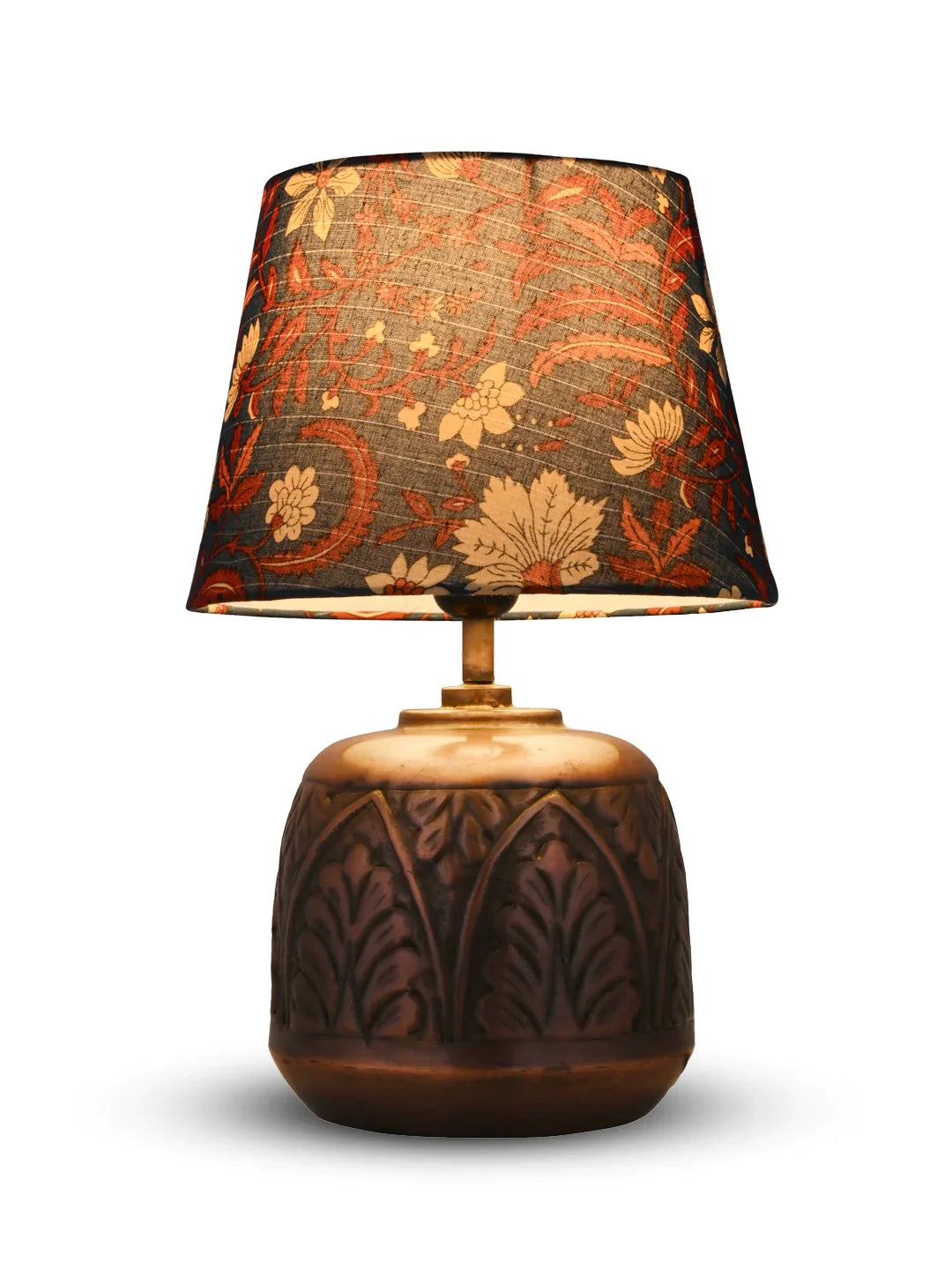 Copper Leaf Etched Pot Lamp with Multicolor Taper Blue Shade