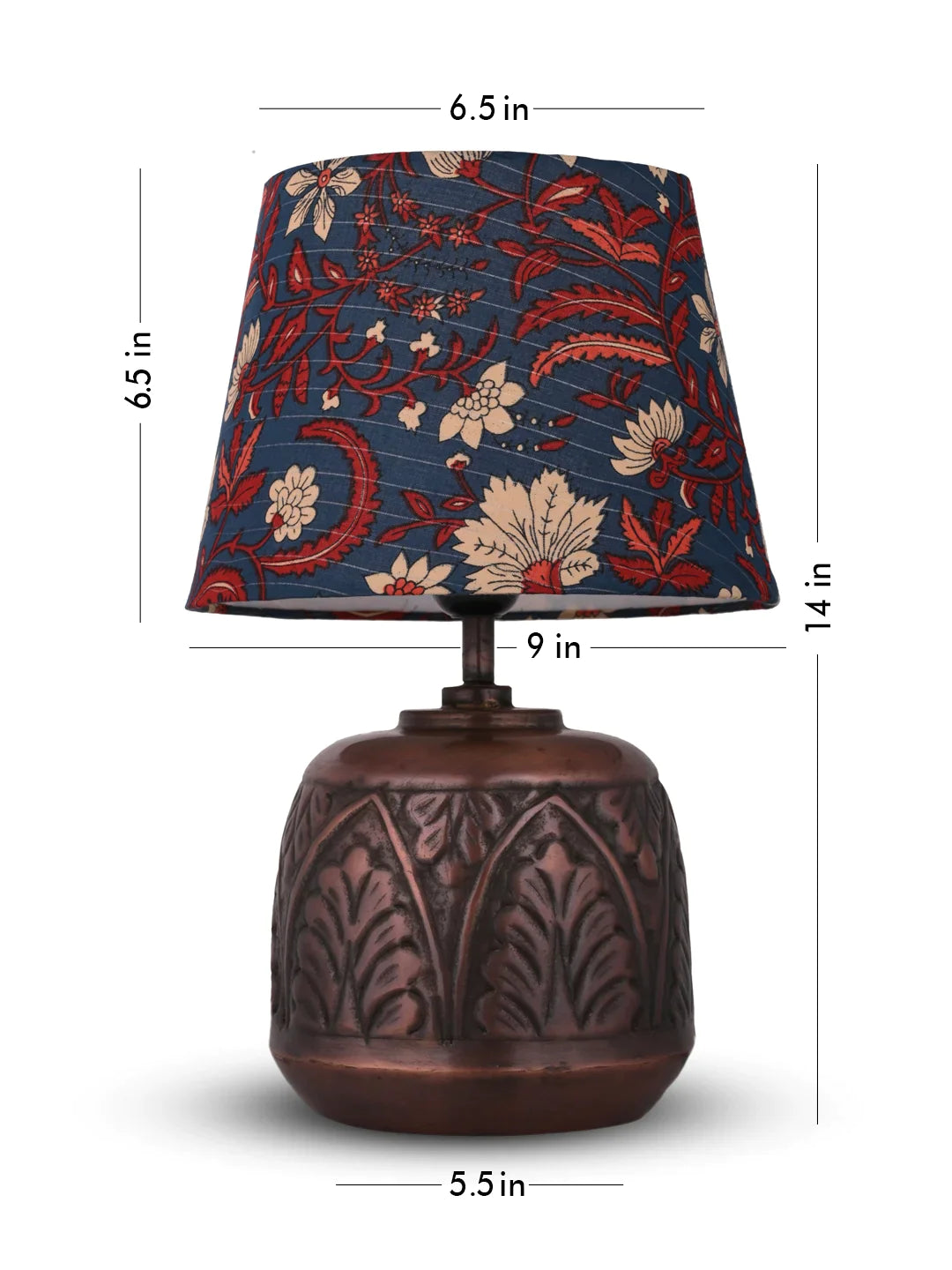 Copper Leaf Etched Pot Lamp with Multicolor Taper Blue Shade