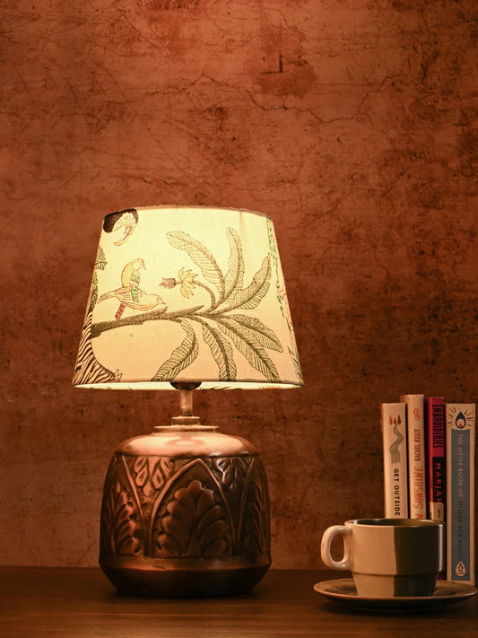 Copper Leaf Etched Pot Lamp with Multicolor Taper Green Shade