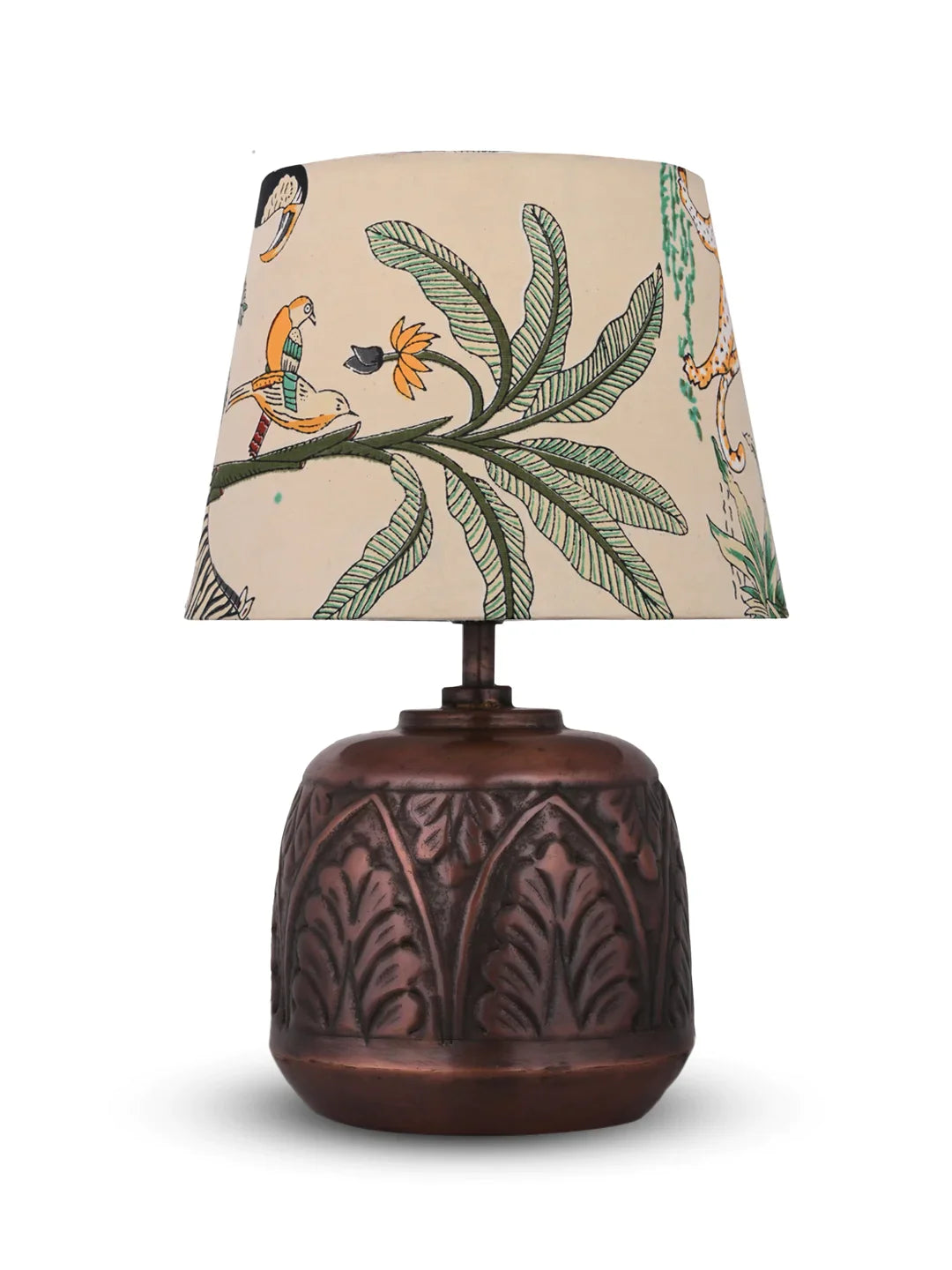 Copper Leaf Etched Pot Lamp with Multicolor Taper Green Shade
