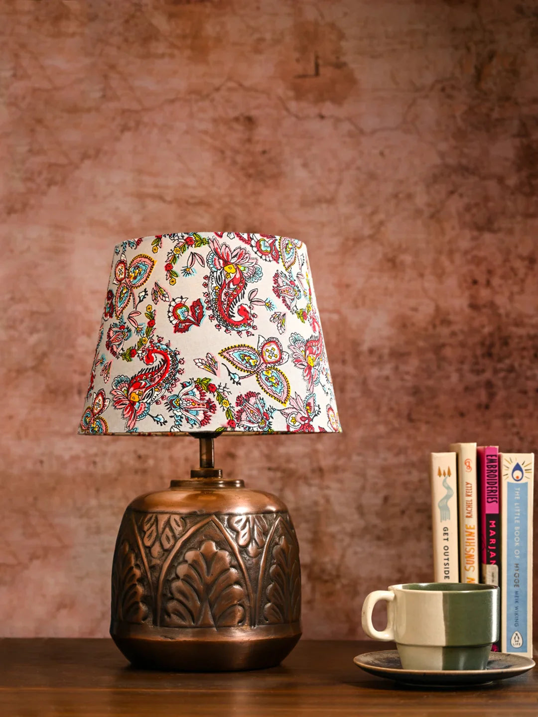 Copper Leaf Etched Pot Lamp with Multicolor Taper Red Shade