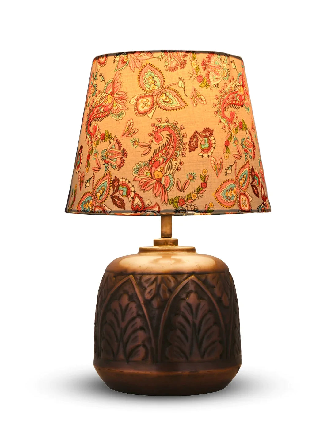 Copper Leaf Etched Pot Lamp with Multicolor Taper Red Shade