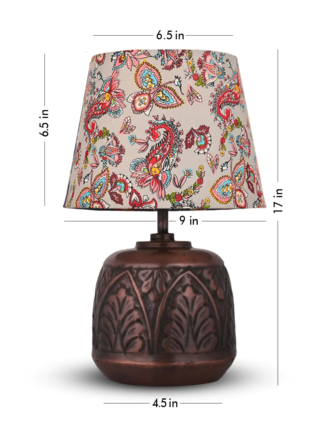 Copper Leaf Etched Pot Lamp with Multicolor Taper Red Shade