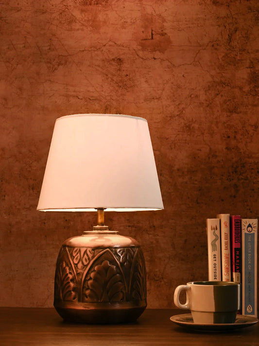 Copper Leaf Etched Pot Lamp with Solid Taper White Shade