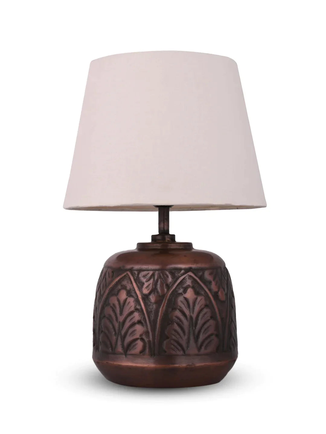 Copper Leaf Etched Pot Lamp with Solid Taper White Shade