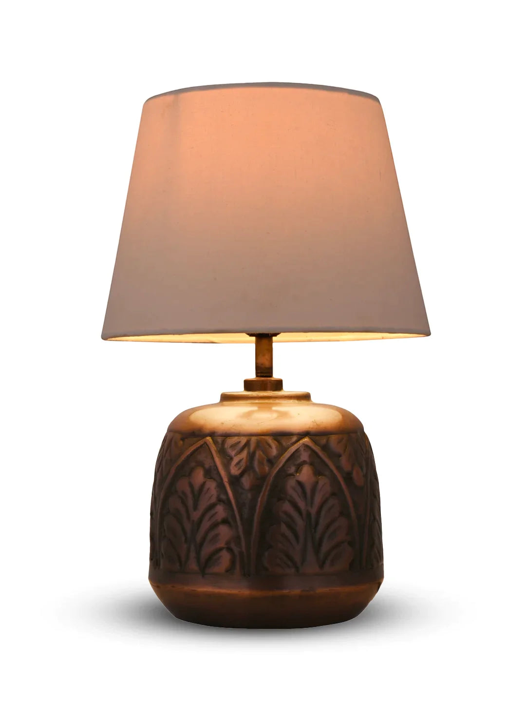 Copper Leaf Etched Pot Lamp with Solid Taper White Shade