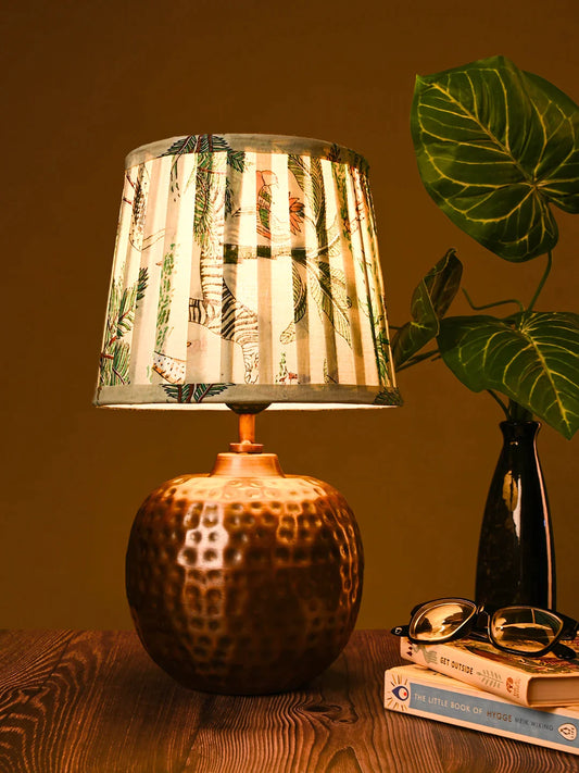Copper Hammered Pot Lamp with Pleeted Multicolor Green Shade