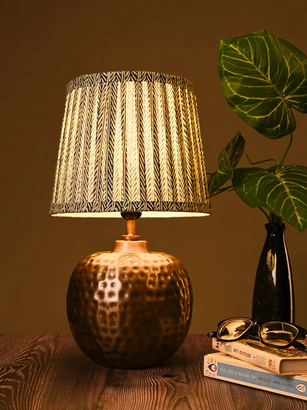 Copper Hammered Pot Lamp with Pleeted Multicolor Grey Shade