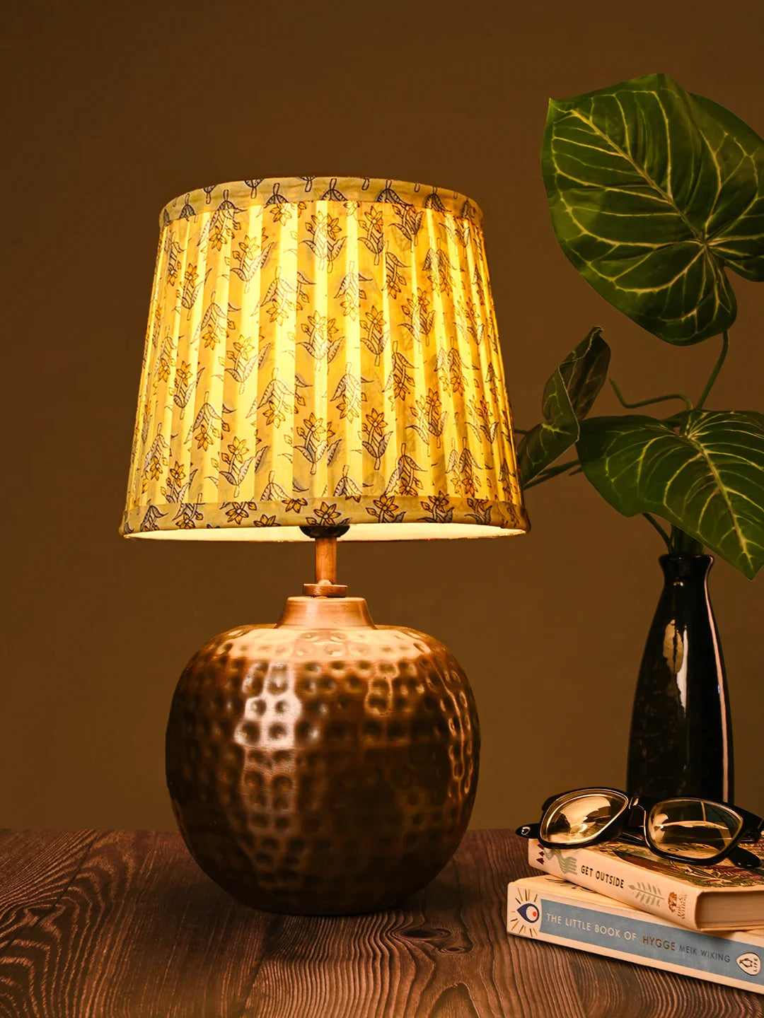 Copper Hammered Pot Lamp with Pleeted Multicolor Pink Shade