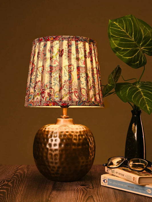 Copper Hammered Pot Lamp with Pleeted Multicolor Red Shade