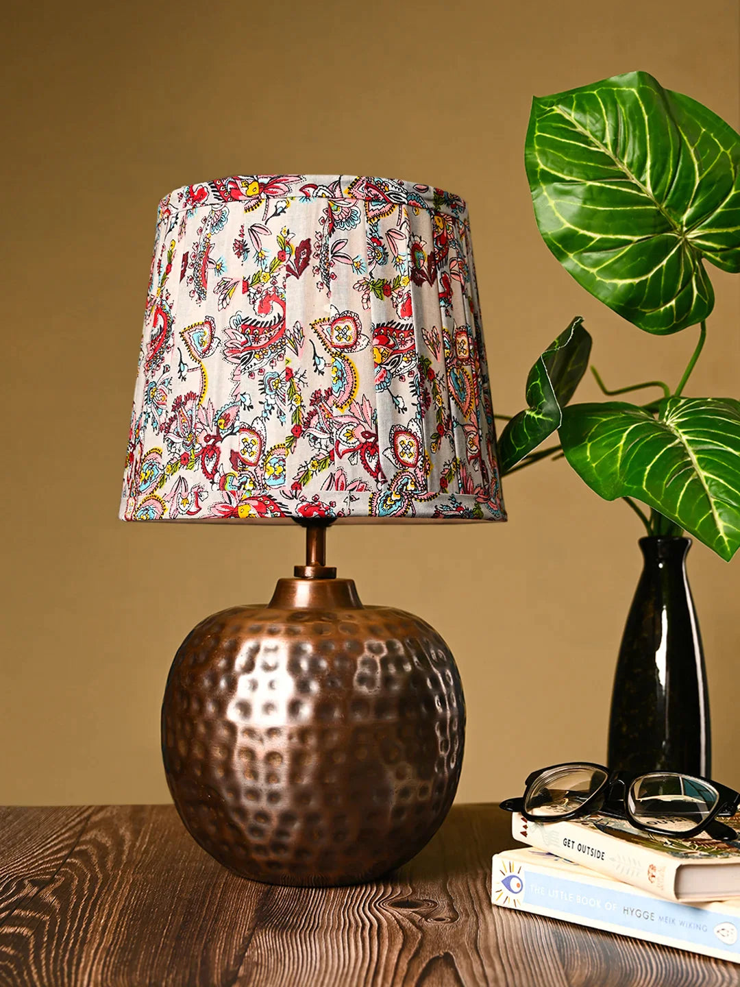 Copper Hammered Pot Lamp with Pleeted Multicolor Red Shade