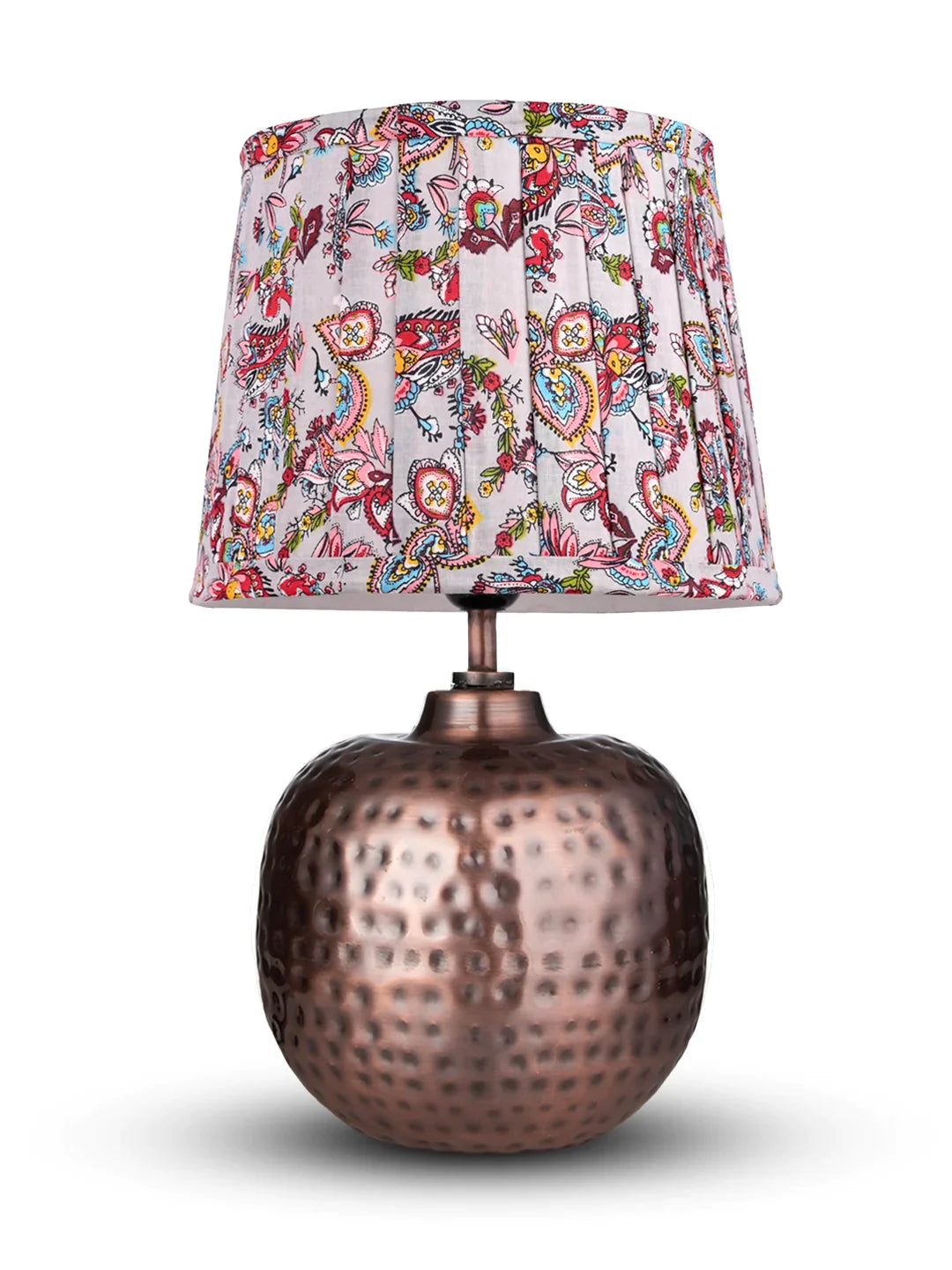 Copper Hammered Pot Lamp with Pleeted Multicolor Red Shade