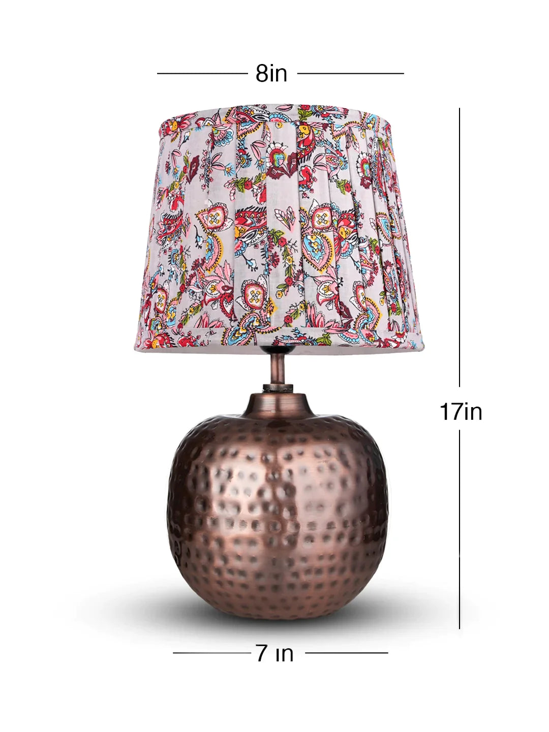 Copper Hammered Pot Lamp with Pleeted Multicolor Red Shade