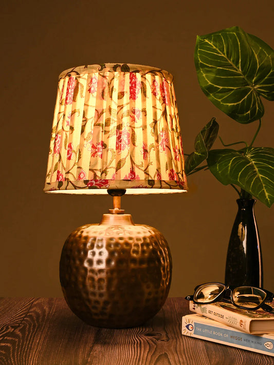 Copper Hammered Pot Lamp with Pleeted Multicolor Yellow Shade