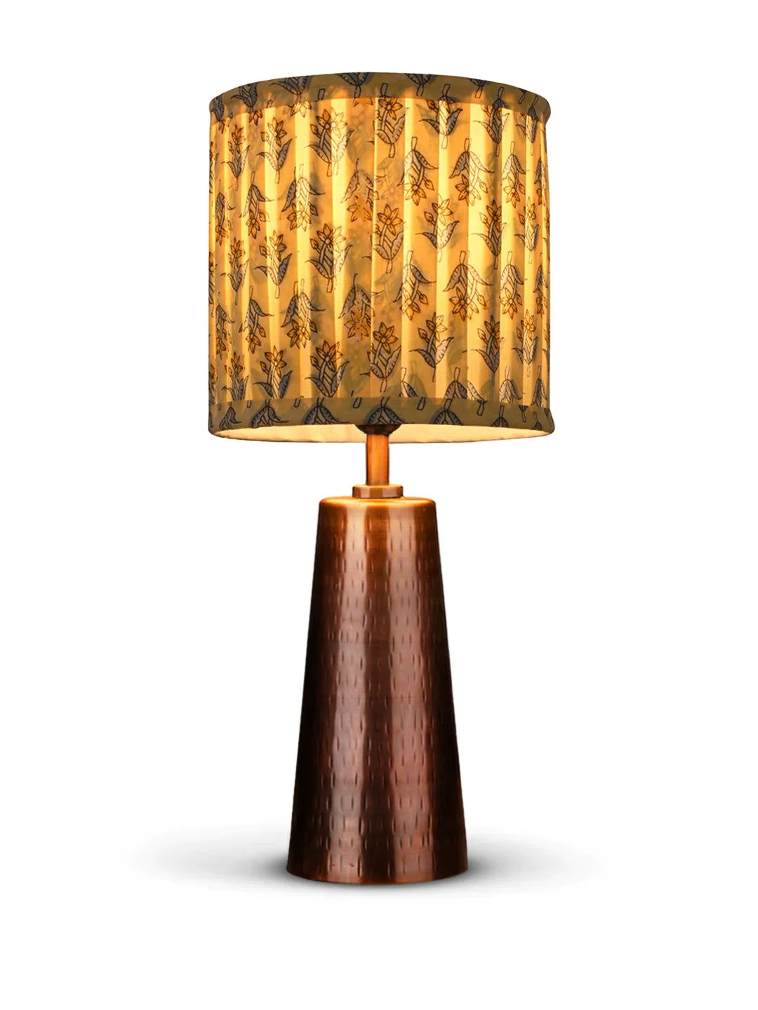 Copper Etched V-Shaped Lamp with Pleeted Muticolor Lemon Shade