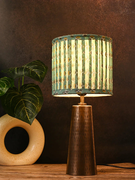 Copper Etched V-Shaped Lamp with Pleeted Muticolor Turqouise Shade