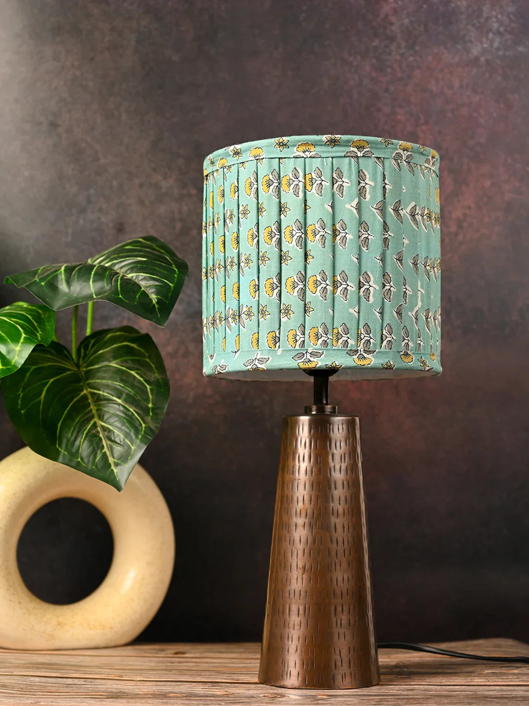Copper Etched V-Shaped Lamp with Pleeted Muticolor Turqouise Shade