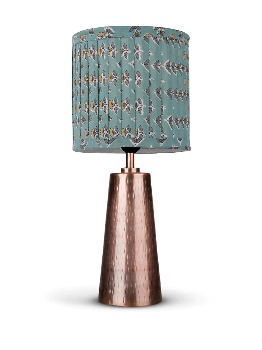 Copper Etched V-Shaped Lamp with Pleeted Muticolor Turqouise Shade