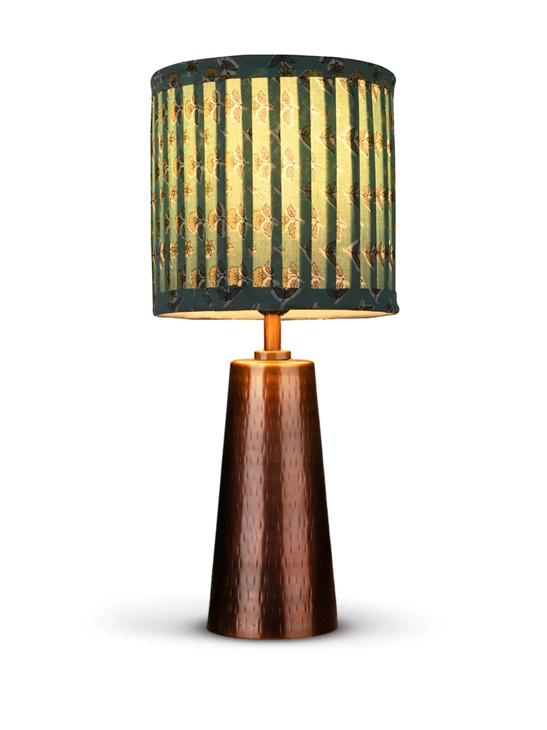 Copper Etched V-Shaped Lamp with Pleeted Muticolor Turqouise Shade